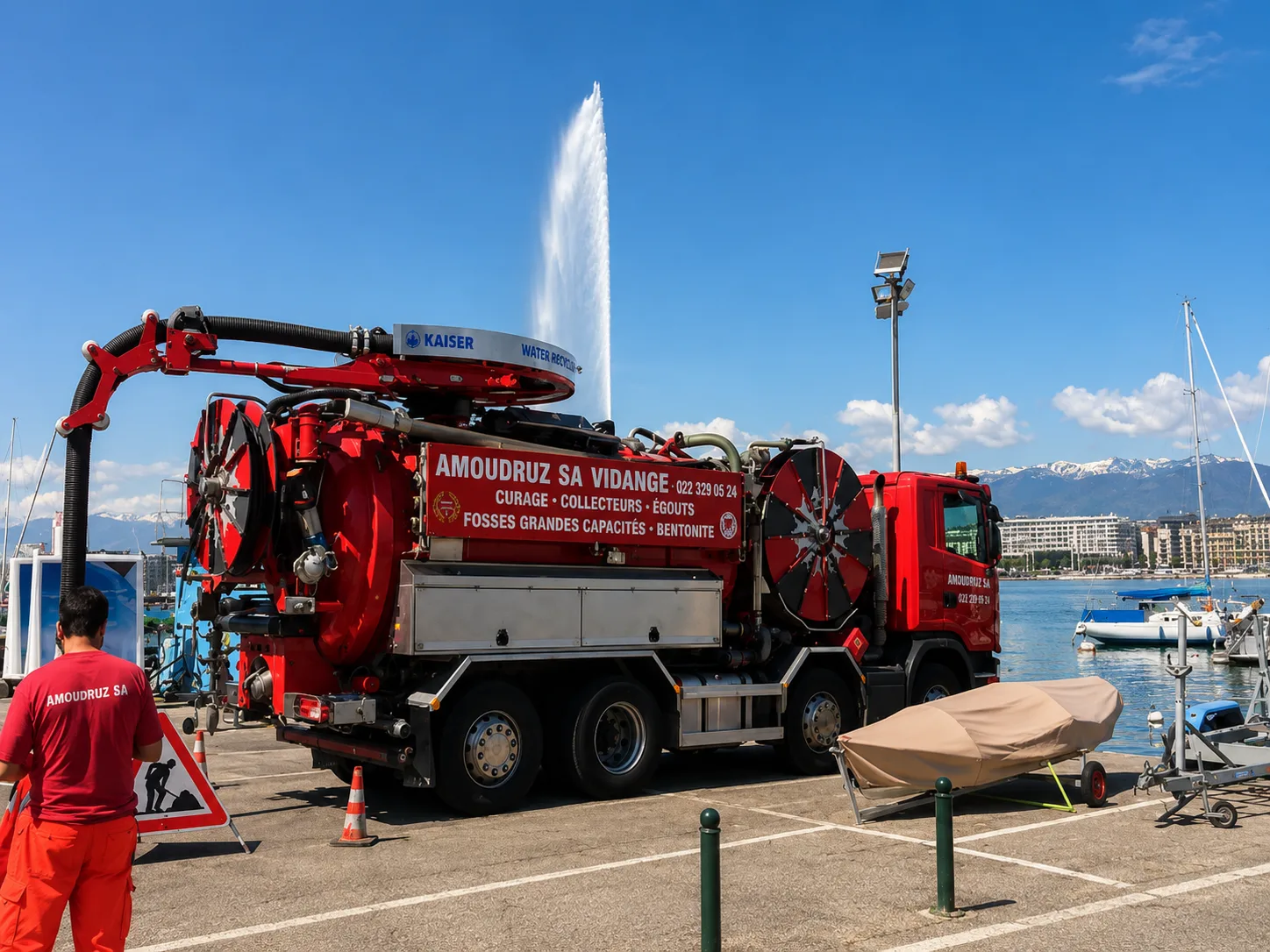 Technicien et camion hydrocureur Amoudruz SA en intervention à Genève